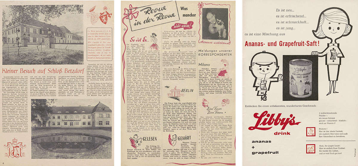 Das Innere der Revue wurde durch zahlreiche schwarz-weiß Fotografien, Darstellungen und Werbeanzeigen illustriert, wobei die Farbe Rot sparsam für Titel oder Illustrationen eingesetzt wurde.