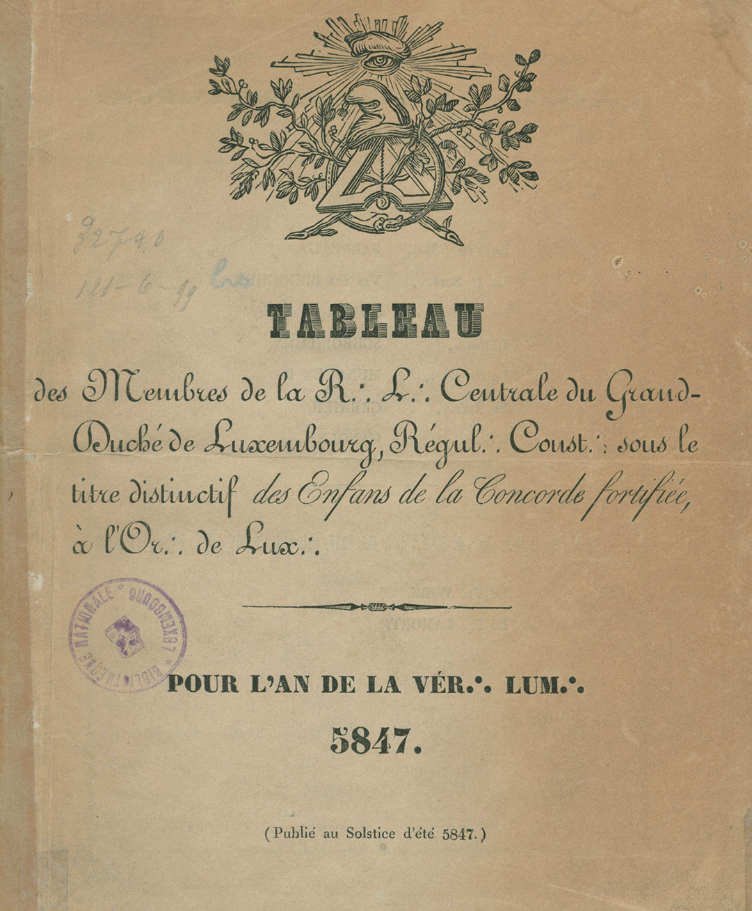 D'Memberlëscht vun der Fräimaurerloge Enfans de la Concorde fortifiée aus dem Joer 1847 (BnL Cote LA 26976)