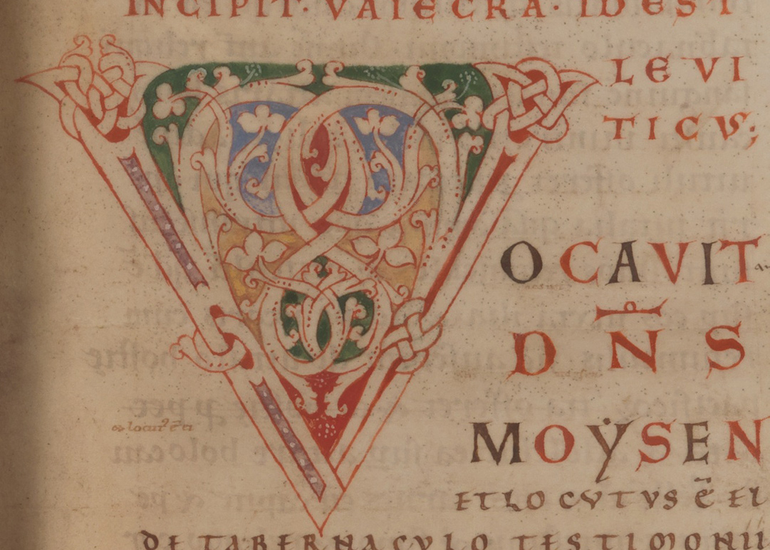 Initial with foliage, knots and interlacing.
