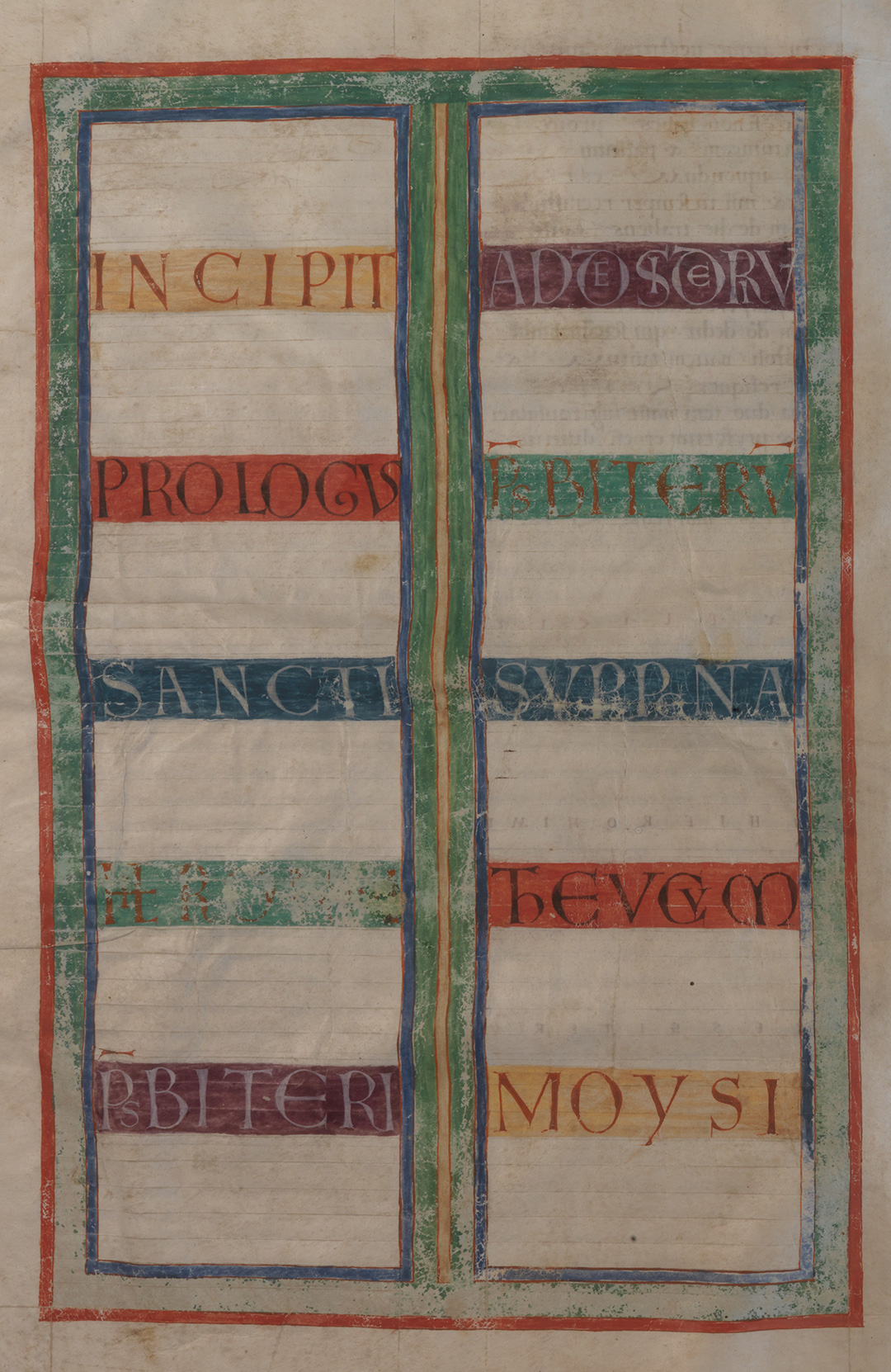 The ten bands of the five colors used by the miniaturist for the vine initials are distributed in perfect harmony between the two columns.