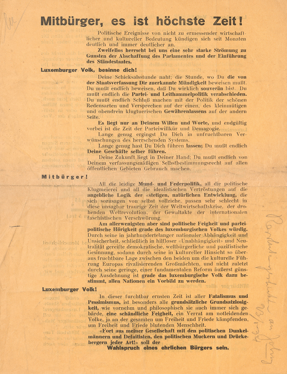 Première page du tract du 19 octobre 1933 appelant à l’introduction d’un Etat corporatiste au Luxembourg.