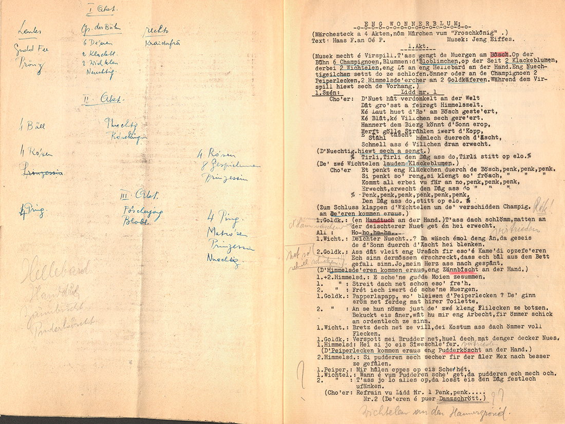 Beginn des Textbuches zu »Eng Wonnerblum«. BnL, Cedom, Fonds Jean et René Eiffes, LMF 11 I.1.1.17. 