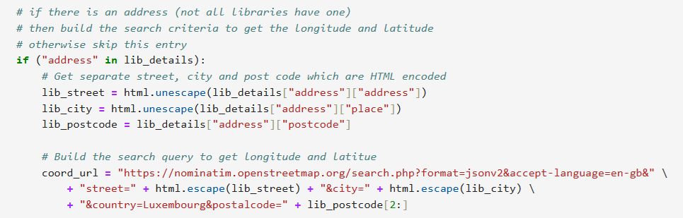 Python code showing the building of the search string