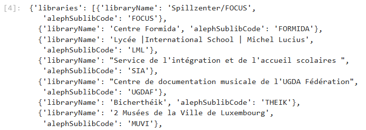 Results of call showing list of libraries retrieved