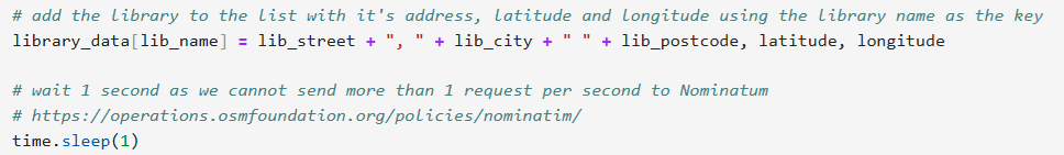Python code showing the storage of the library data