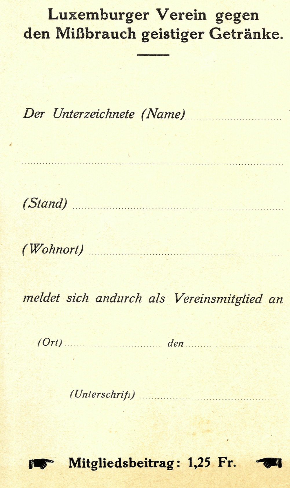 Postkarte zur Werbung von Mitgliedern des Luxemburger Vereins gegen den Mißbrauch geistiger Getränke. 