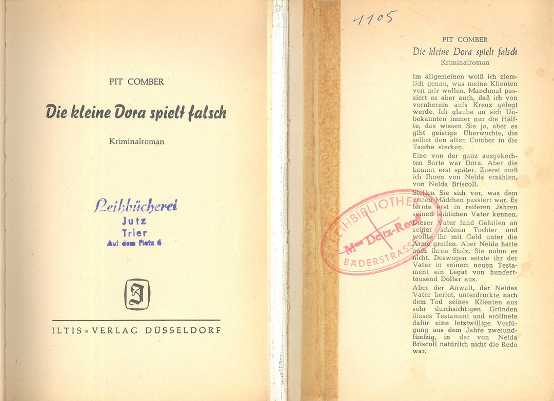 Stempel zweier Leihbibliotheken in einem Kriminalroman von Pit Comber.