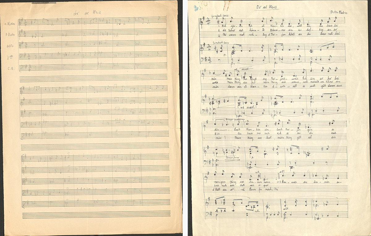 Gesangstimme mit Klavierbegleitung von „De‘ al Weis“ (1939) und Arrangement für Streichquintett.