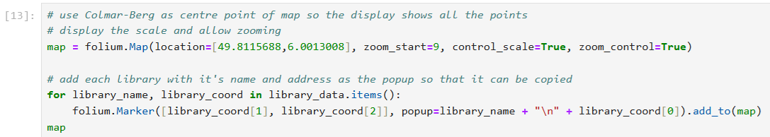 Python code showing how to map the coordinates and display the map